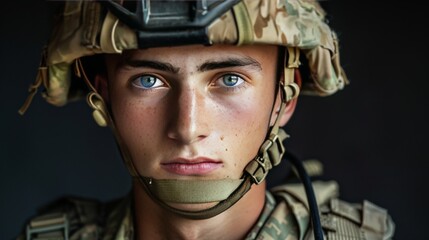 Intense portrait of a young soldier with piercing blue eyes, wearing military gear, captured in dramatic lighting that highlights determination and strength.