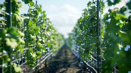 Wall Mural - Rows of neatly trimmed vines line the autonomous vineyard showcasing the efficiency of the selfoperating pruners.