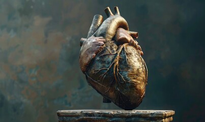 Realistic model of a human heart on a stone pedestal