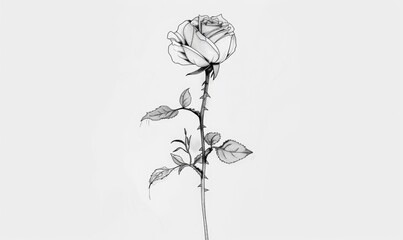 Wall Mural - Black and white illustration of single rose on white background