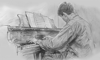 Sketch portraying of the musician playing piano