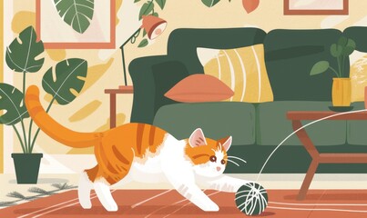 Wall Mural - A cat is playing with a ball of yarn in a living room