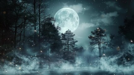 autumn magical forest background with gigantic moon