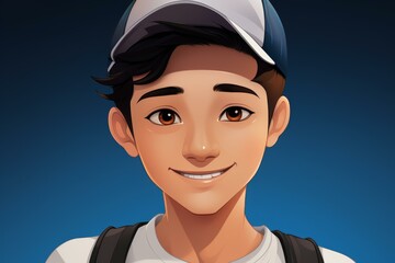 Close up cartoon portrait of smiling Asian teenage boy with a beautiful face.