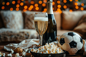 Wall Mural - A bowl of popcorn and a glass of beer on a table prepare for watching soccer tournament