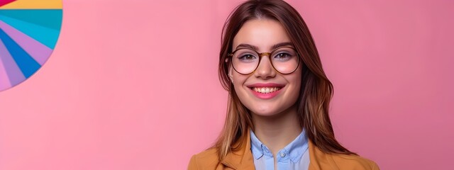 Wall Mural - Smiling Young Professional Woman Working in Vibrant Office Environment