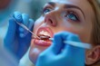 © Nataliia - Cute girl in a dental clinic. Dentist with an assistant in protective blue gloves are examining her teeth with a help of a dental probe with a mirror and an air polisher. Closeup horizontal photo.