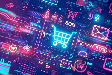 Aufkleber - A vibrant, abstract digital background representing an online sale, showcasing shopping carts, product icons, and the bold text 50% OFF. Generative AI