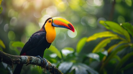 Wall Mural - Vibrant Toucan Perched on Branch in Lush Rainforest Backdrop
