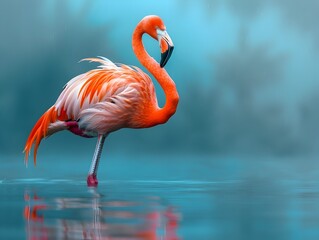 Sticker - Graceful Flamingo Standing in Shallow Water Vibrant Pink Feathers Contrasting with Blue Background