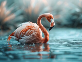 Sticker - Graceful Flamingo in Shallow Blue Waters Serene Wildlife Portrait