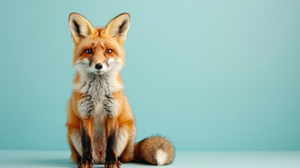 a charming photo of a red fox sitting against a pastel blue background, showcasing its beautiful fur