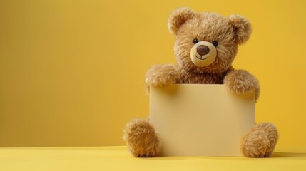 adorable teddy bear holding a blank sign with a vibrant yellow background, perfect for children's th