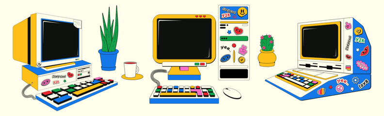 Set of vintage computers in retro groovy style. Vector illustration of desktop computers with stickers. Y2k aesthetics.