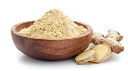 Finely dry Ginger powder in wooden bowl with rhizome (root) sliced isolated on white background.