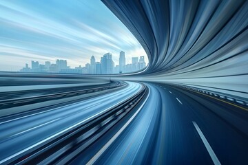 Canvas Print - high way with a wide futuristic road going through a tunnel, A sense of speed, View from a tunnel, futuristic