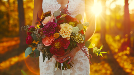 Wall Mural - close-up of a bridal bouquet in warm sunlight, set against an autumnal forest background, conveying 