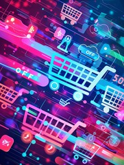 Poster - A futuristic digital background showcasing an online sale with glowing shopping carts and 50% off deals. Generative AI