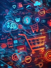 Poster - A vibrant abstract background depicting online shopping with digital shopping carts, product icons, and bold 50% OFF text, all within a futuristic digital theme. Generative AI