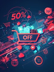 Aufkleber - An abstract background with a shopping cart, product icons, and the bold text 50% OFF. Generative AI