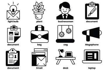 Wall Mural - A collection of icons for various office items, including a laptop, a desk