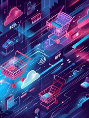 Poster - An abstract background illustrating an online sale with digital shopping carts, product icons, and 50% OFF text. Generative AI
