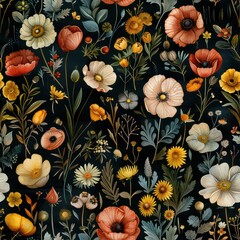 Wall Mural - Seamless beautiful multicolored flowers on dark background
