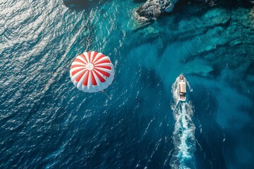 Wall Mural - The fun of parachuting behind a boat in a summer resort. Beautiful blue water and red and white parachute in a bright resort.