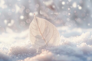 Wall Mural - Skeleton leaf on snow outdoors in winter. Beautiful texture, sparkling round glistens bokeh blue pink. Nice romantic artistic image, Christmas and New Year.