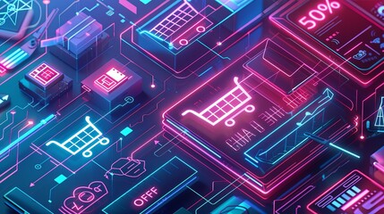 Poster - An abstract background depicting a neon glow online shopping cart with 50% off, accompanied by digital product icons and a futuristic tech theme. Generative AI