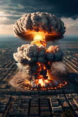 Poster - Nuclear explosion of an atomic bomb with fire mushroom cloud at in town's skyline, an apocalyptic war. Nuclear explosion in Earth. Global apocalyptic concept. Gen ai illustration. Copy ad text space