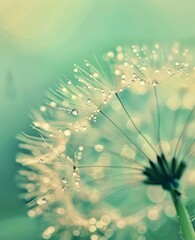 Wall Mural - This photo was captured with a macro lens of a dandelion seed on a light green background with drops of dew water sparkling in the sunlight. A wonderful airy beauty and delightful abstract image of