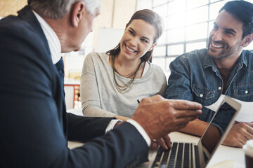 Fototapete - Discussion, couple and financial advisor with laptop for consulting, insurance plan or investment in office. Advice, screen and man broker with people for meeting, loan application or information