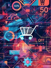 Aufkleber - A vibrant, abstract background representing an online sale with a shopping cart and bold 50% off text. Generative AI
