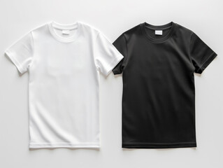 Wall Mural - Two blank t-shirts, one white and one black, laid flat on a white background, concept of mockup design. Generative AI