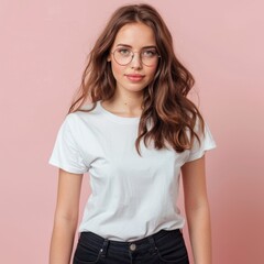 A young woman with long brown hair and round glasses looks directly at the camera, her expression calm and composed