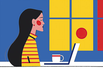 A minimalist illustration of a businesswoman working on her laptop with a cup of coffee near a window