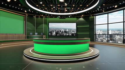 Modern Television Studio Design Cityscape Backdrop Green Screen