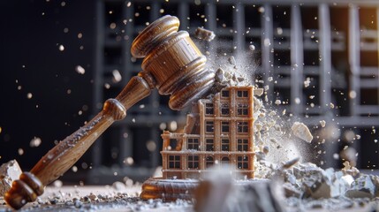 Wall Mural - Heat exchanger holographic, Close-up of a judge's gavel smashing a miniature building, representing the finality of bankruptcy. , Leading lines, centered in frame, natural light, pastel, white