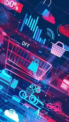 Aufkleber - Abstract background depicting an online sale, featuring digital shopping carts, product icons, and bold 50% OFF text. Generative AI