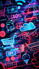 Aufkleber - A vibrant, abstract illustration depicting a digital shopping spree with neon shopping carts, product icons, and a bold 50% off discount. Generative AI
