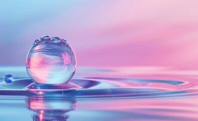 Wall Mural - The beauty of a clean transparent bright drop of water on a smooth surface in bright blues and pinks, macro image.