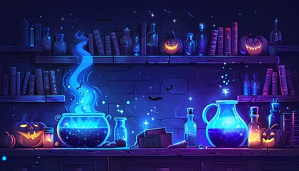 Flat design Halloween potion lab with bubbling cauldrons, spell books, and spooky ingredients