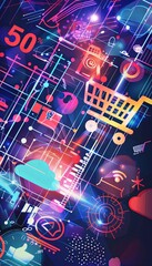 Aufkleber - Abstract background depicting an online sale with digital shopping carts, product icons, and 50% OFF text. Generative AI
