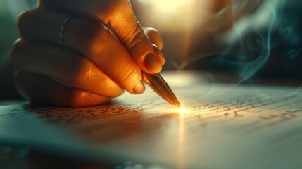 Sticker - very active holographic, A close-up of a hand signing a document, with a glowing light emanating from the pen, symbolizing the hope of financial rescue. , Leading lines, centered in frame, natural