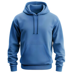 Poster -  A front view mockup of an all blue hoodie on a white background, with no text or logo. The 3D rendering is very detailed and in high resolution with sharp focus.