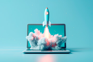 Poster - A rocket launching from a laptop on a blue background, symbolizing startup and innovation. Generative AI