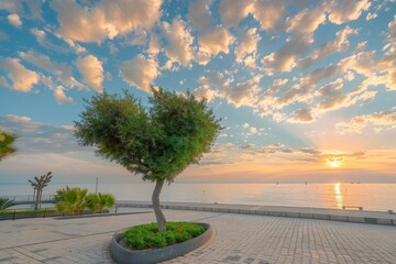 Wall Mural - It is a beautiful landscape of a morning clean fresh sea promenade with a single tree with an evergreen crown shaped like a heart.