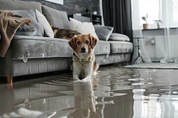 Canvas Print - Flooded floor in living room from water leak, dog on sofa. Damage , Property insurance concept