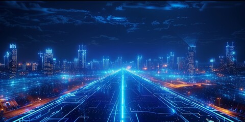 Poster - Blue glowing line drawing of the Cities and streets at night, technology and digital elements in a dark blue background. transparent technology sense. Generative AI.